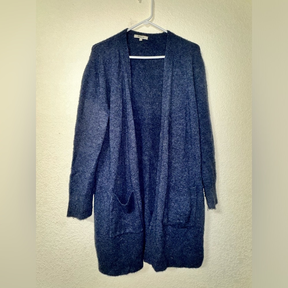 Madewell Ryder Long Cardigan Sweater Heather Navy Sz S Merino Wool Blend